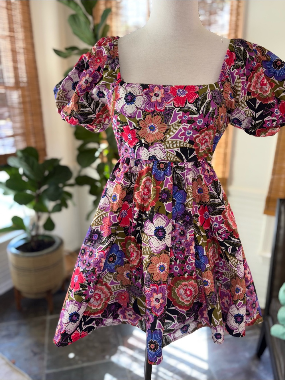 Forever 21 Pink Purple Olive Floral Puff-Sleeve Mini Dress